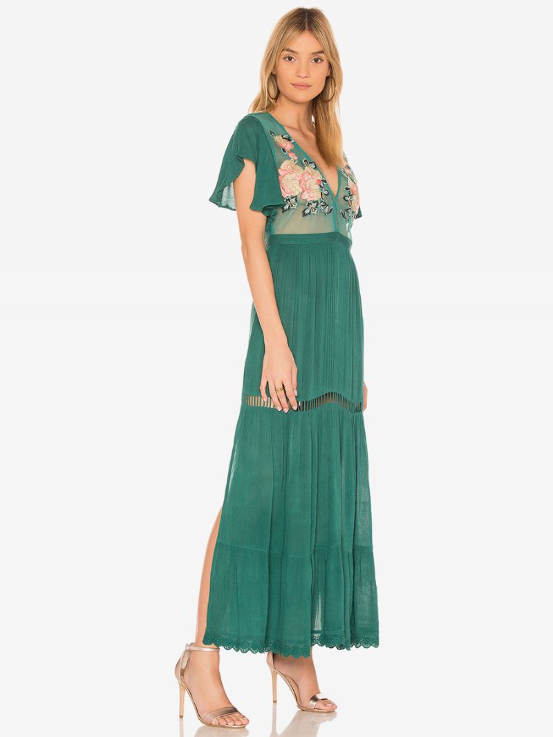 Boho-jurk Lichtroze V-hals Korte Mouwen Geborduurd Doorzichtig Boheems Gypsy Strandvakantie Zomer Maxi-jurk Dames - Groen