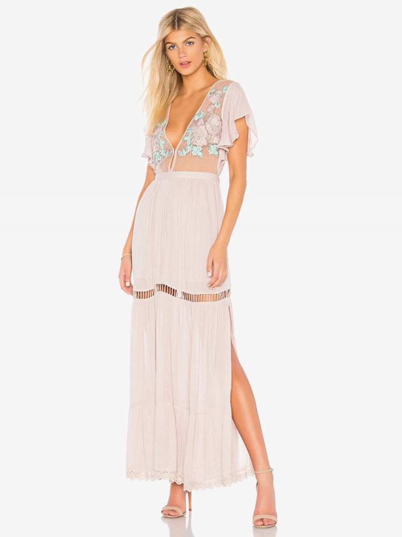 Boho-jurk Lichtroze V-hals Korte Mouwen Geborduurd Doorzichtig Boheems Gypsy Strandvakantie Zomer Maxi-jurk Dames - Lichtroze