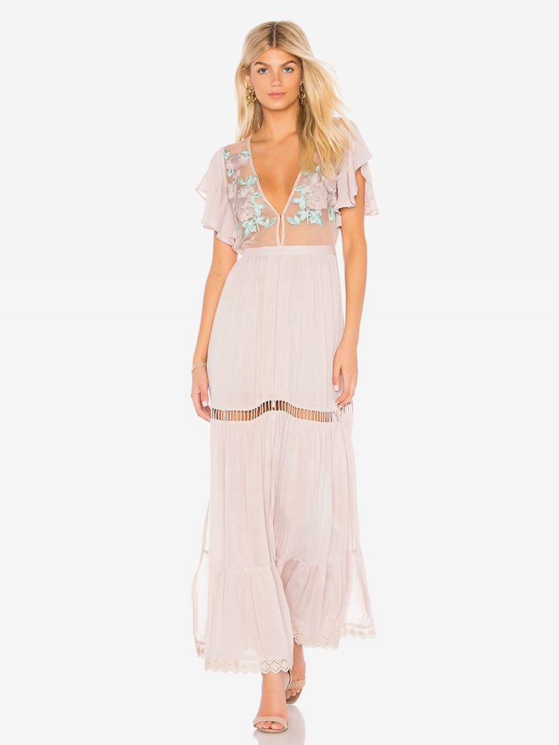 Boho-jurk Lichtroze V-hals Korte Mouwen Geborduurd Doorzichtig Boheems Gypsy Strandvakantie Zomer Maxi-jurk Dames - Lichtroze