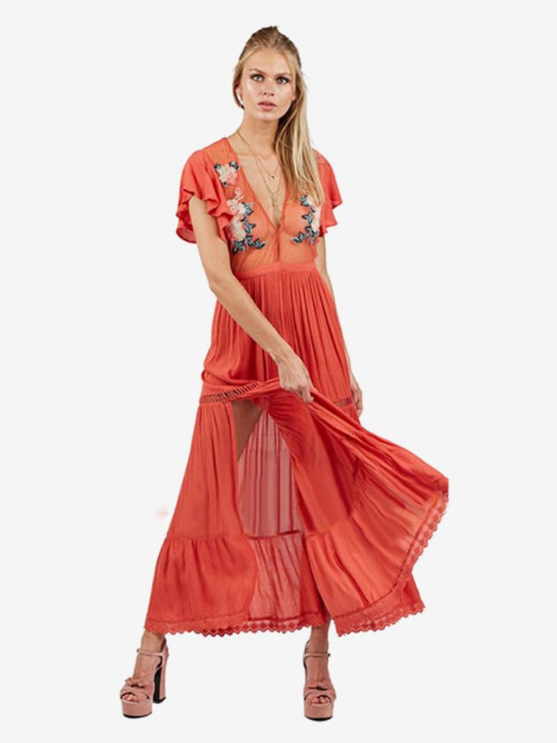 Boho-jurk Lichtroze V-hals Korte Mouwen Geborduurd Doorzichtig Boheems Gypsy Strandvakantie Zomer Maxi-jurk Dames - Oranje