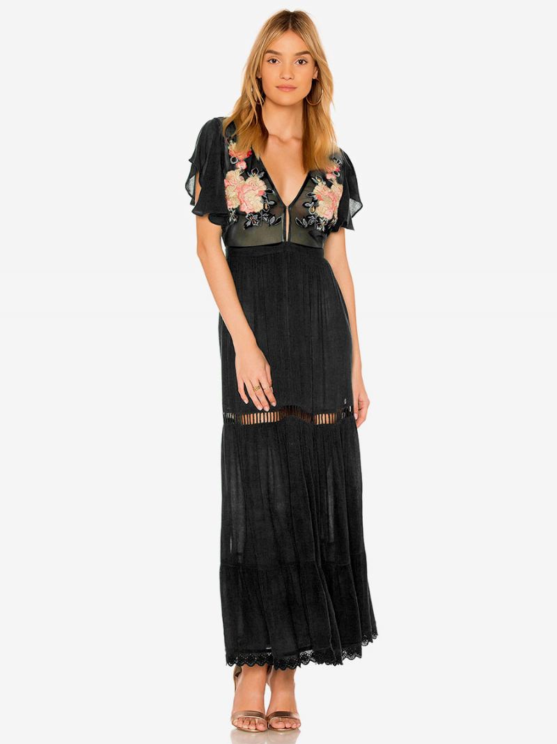 Boho-jurk Lichtroze V-hals Korte Mouwen Geborduurd Doorzichtig Boheems Gypsy Strandvakantie Zomer Maxi-jurk Dames - Zwart