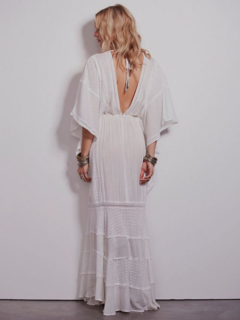 Boho-jurk Met Diepe V-hals Witte 3/4-mouwen Boheemse Zigeunerstrandvakantie Lente-zomer Maxi-jurk Dames - Wit