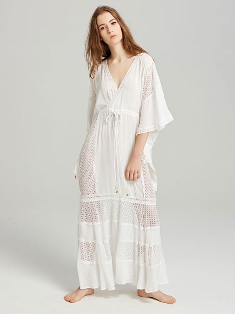 Boho-jurk Met Diepe V-hals Witte 3/4-mouwen Boheemse Zigeunerstrandvakantie Lente-zomer Maxi-jurk Dames - Wit