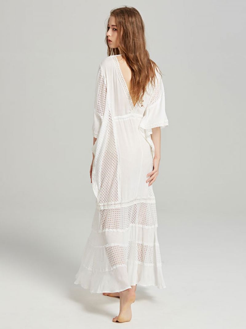 Boho-jurk Met Diepe V-hals Witte 3/4-mouwen Boheemse Zigeunerstrandvakantie Lente-zomer Maxi-jurk Dames - Wit