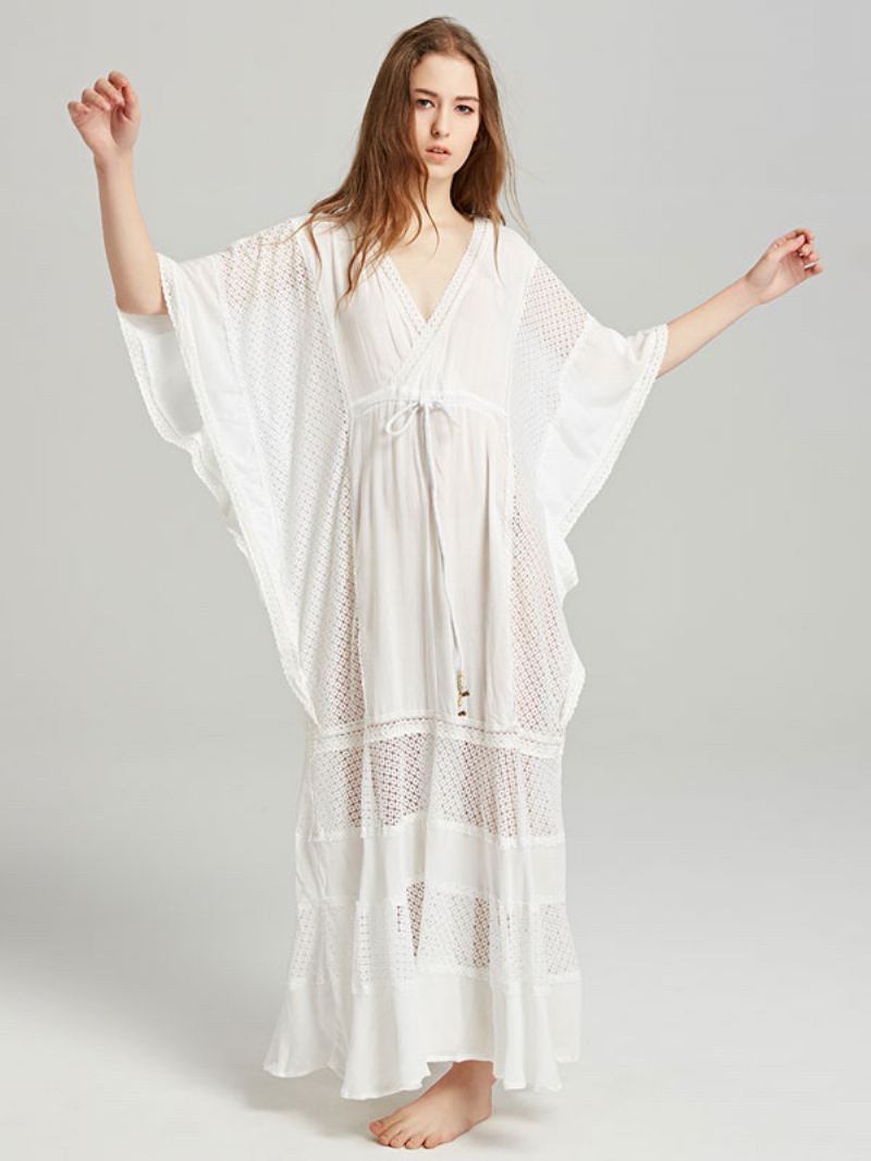 Boho-jurk Met Diepe V-hals Witte 3/4-mouwen Boheemse Zigeunerstrandvakantie Lente-zomer Maxi-jurk Dames - Wit