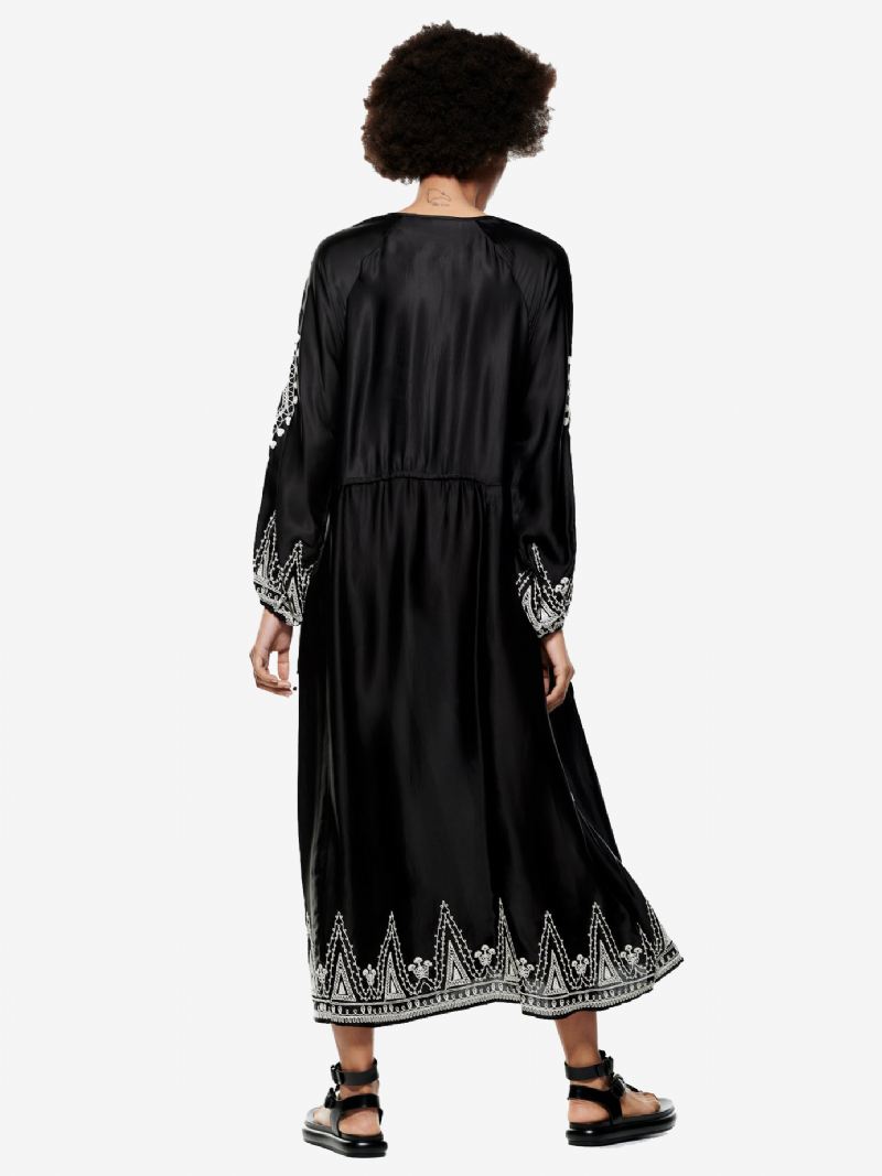 Boho-jurk Met Geoprint Dames Veters Ronde Hals Dagelijkse Casual Maxi-jurken - Zwart