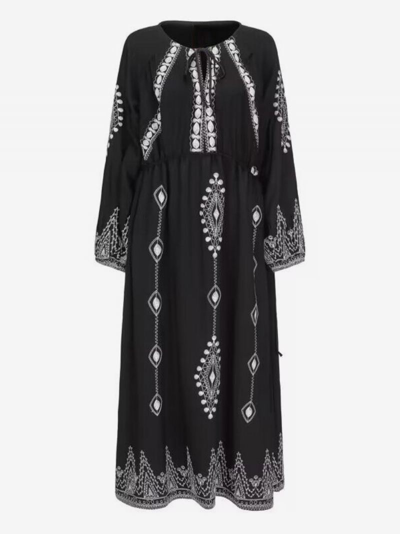 Boho-jurk Met Geoprint Dames Veters Ronde Hals Dagelijkse Casual Maxi-jurken - Zwart