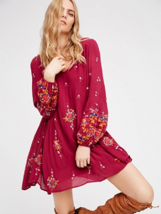 Boho-jurk Met Juweelhals Lange Mouwen Geborduurd Boheems Zigeunerstrandvakantie Witte Lente Zomer Korte Dienstjurk Dames