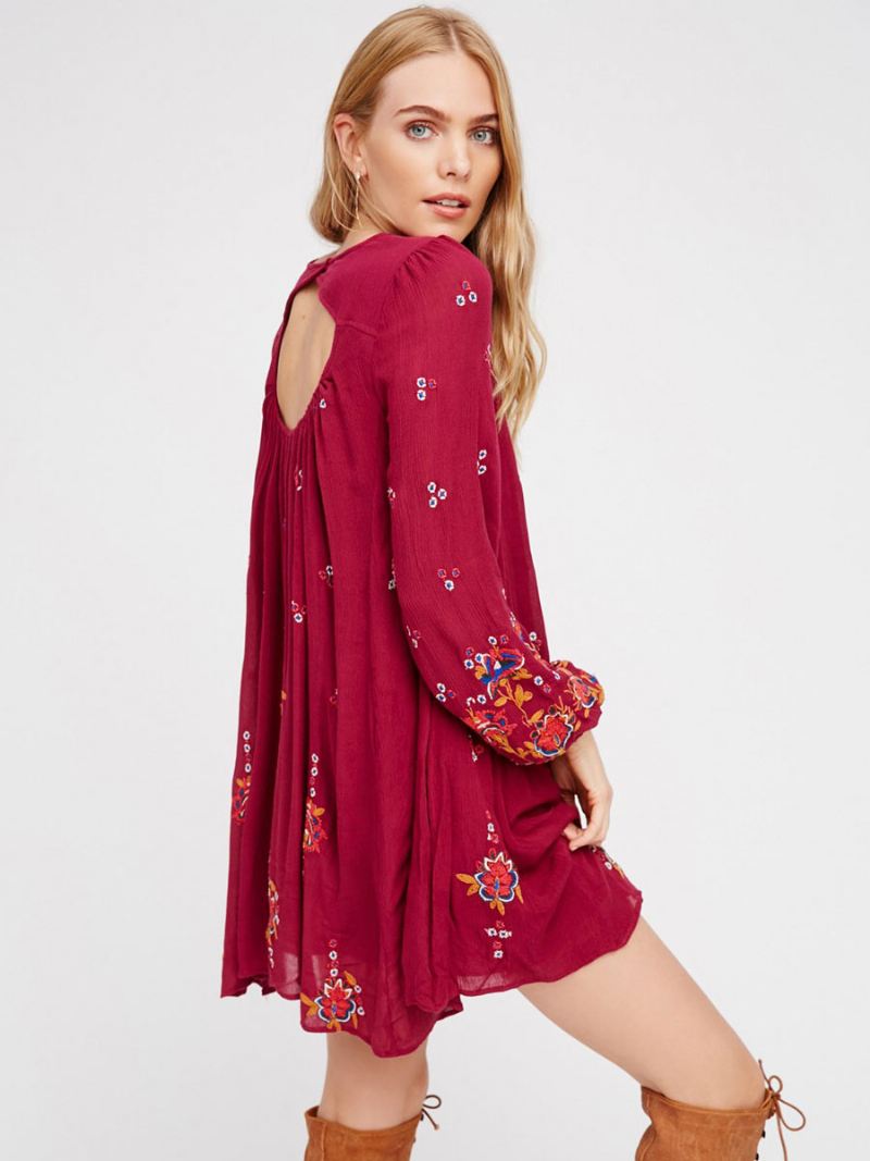 Boho-jurk Met Juweelhals Lange Mouwen Geborduurd Boheems Zigeunerstrandvakantie Witte Lente Zomer Korte Dienstjurk Dames - Rood