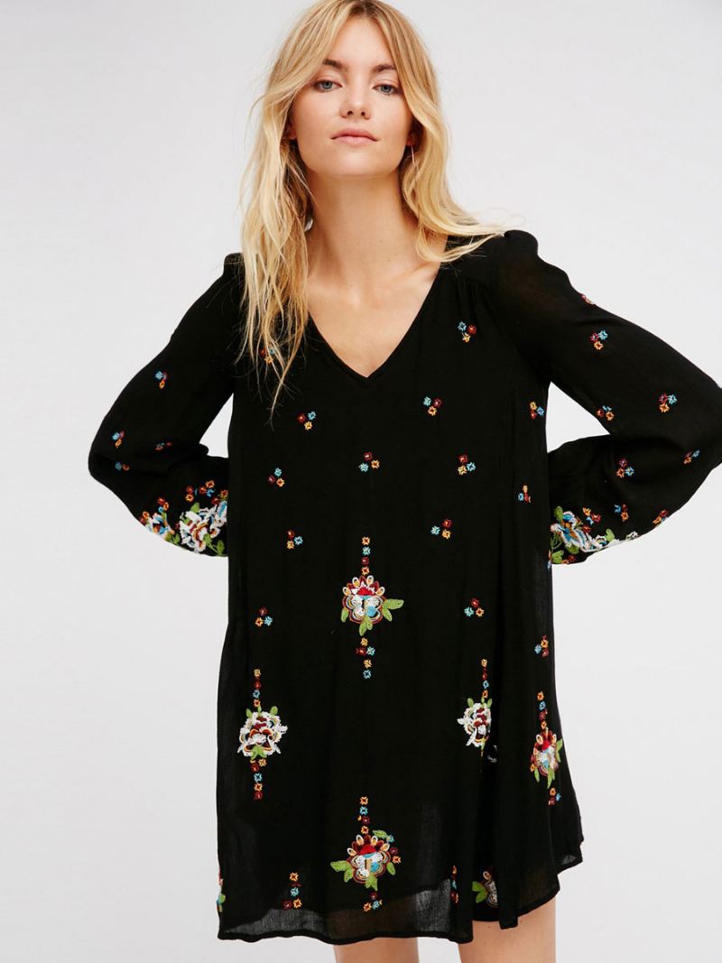 Boho-jurk Met Juweelhals Lange Mouwen Geborduurd Boheems Zigeunerstrandvakantie Witte Lente Zomer Korte Dienstjurk Dames - Zwart