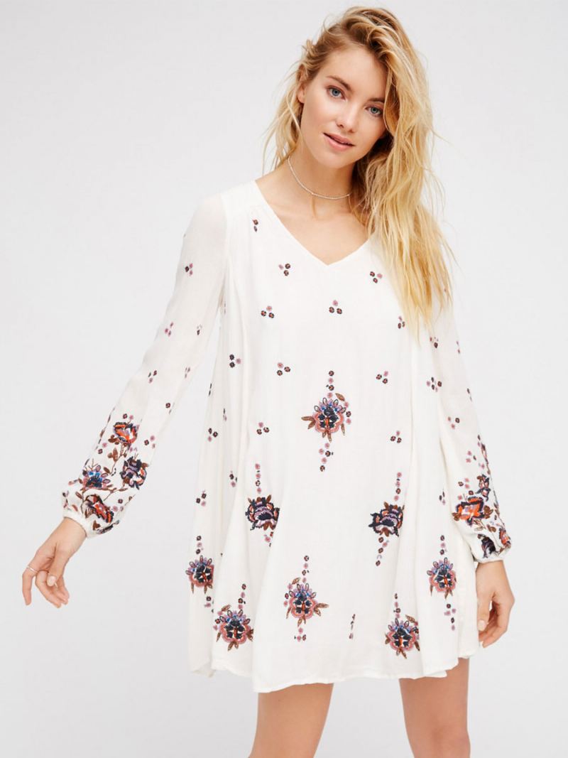 Boho-jurk Met Juweelhals Lange Mouwen Geborduurd Boheems Zigeunerstrandvakantie Witte Lente Zomer Korte Dienstjurk Dames - Wit