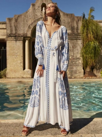 Boho-jurk Met V-hals Lange Mouwen Boheemse Zigeunerstrandvakantie Witte Lente-zomer Maxi-jurk Riem Dames