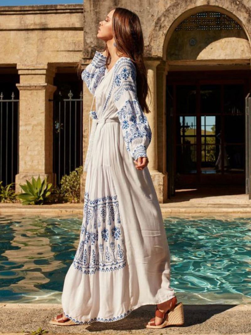 Boho-jurk Met V-hals Lange Mouwen Boheemse Zigeunerstrandvakantie Witte Lente-zomer Maxi-jurk Riem Dames - Wit