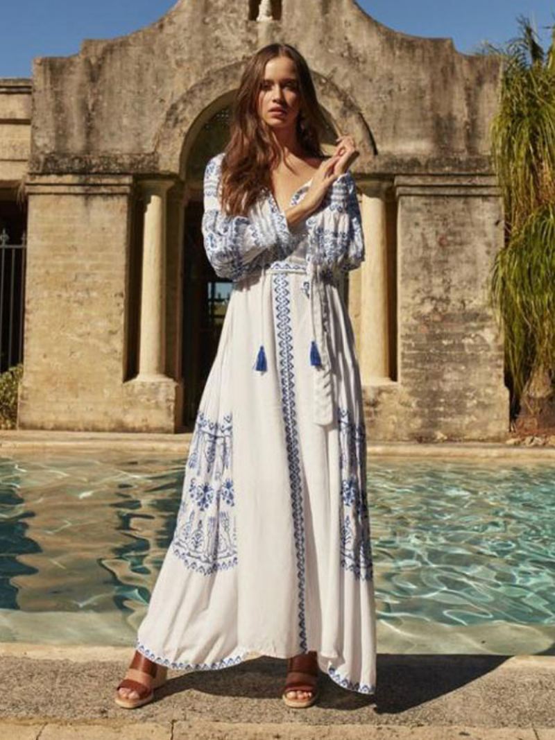 Boho-jurk Met V-hals Lange Mouwen Boheemse Zigeunerstrandvakantie Witte Lente-zomer Maxi-jurk Riem Dames - Wit