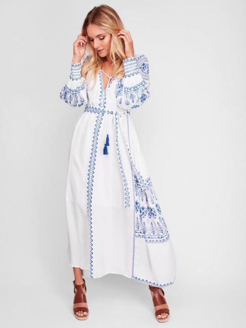 Boho-jurk Met V-hals Lange Mouwen Boheemse Zigeunerstrandvakantie Witte Lente-zomer Maxi-jurk Riem Dames - Wit