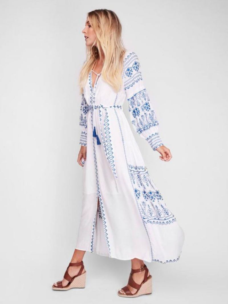 Boho-jurk Met V-hals Lange Mouwen Boheemse Zigeunerstrandvakantie Witte Lente-zomer Maxi-jurk Riem Dames - Wit