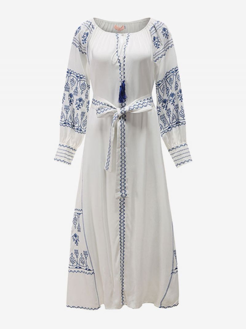 Boho-jurk Met V-hals Lange Mouwen Boheemse Zigeunerstrandvakantie Witte Lente-zomer Maxi-jurk Riem Dames - Wit