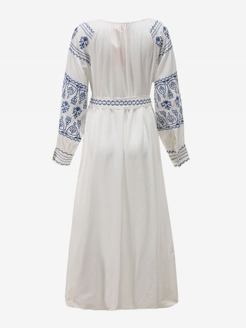 Boho-jurk Met V-hals Lange Mouwen Boheemse Zigeunerstrandvakantie Witte Lente-zomer Maxi-jurk Riem Dames - Wit