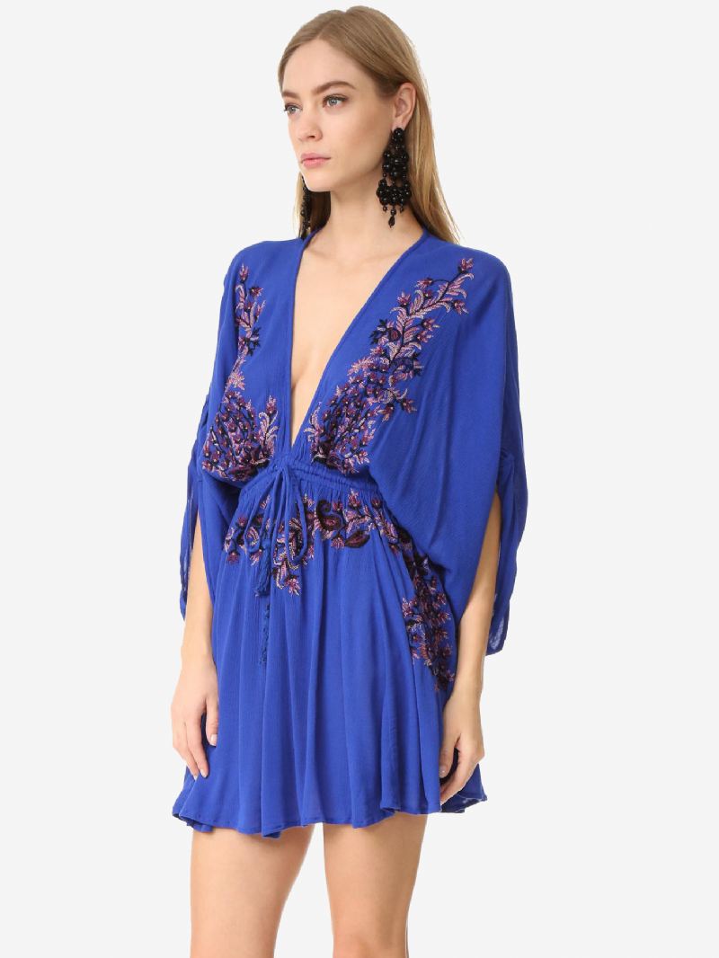 Boho-jurk Rood Katoen Diepe V-hals Lange Trompetmouwen Boheemse Zigeuner Geborduurd Vakantie Lente Herfst Mini-strandjurk Dames - Blauw