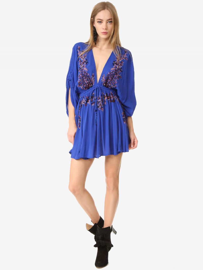 Boho-jurk Rood Katoen Diepe V-hals Lange Trompetmouwen Boheemse Zigeuner Geborduurd Vakantie Lente Herfst Mini-strandjurk Dames - Blauw