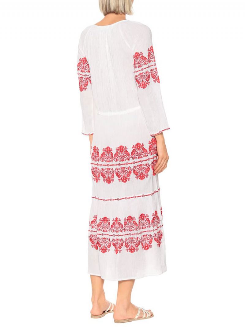 Boho Jurk Witte Ronde Hals Lange Mouw Boheemse Zigeuner Geborduurd Vakantie Lente Herfst Strandjurk Dames - Wit