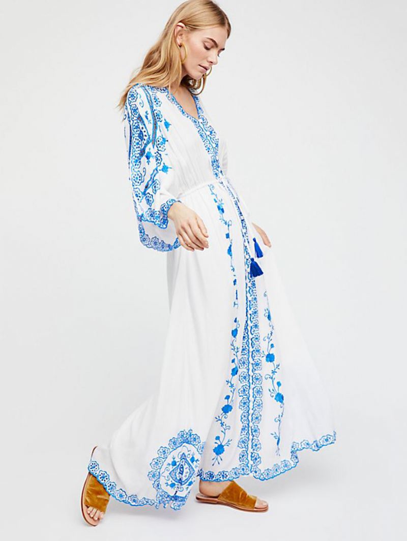 Boho Maxi-jurk Dames V-hals Lange Mouwen Geborduurde Zomerjurk