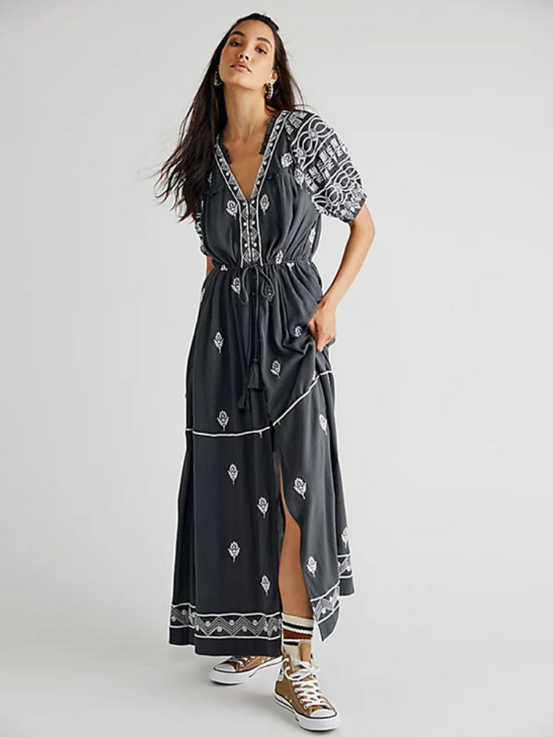 Dames Boho-jurk Geo-bedrukte V-hals Met Riem Split Zomerstrand-maxi-jurken