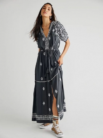 Dames Boho-jurk Geo-bedrukte V-hals Met Riem Split Zomerstrand-maxi-jurken