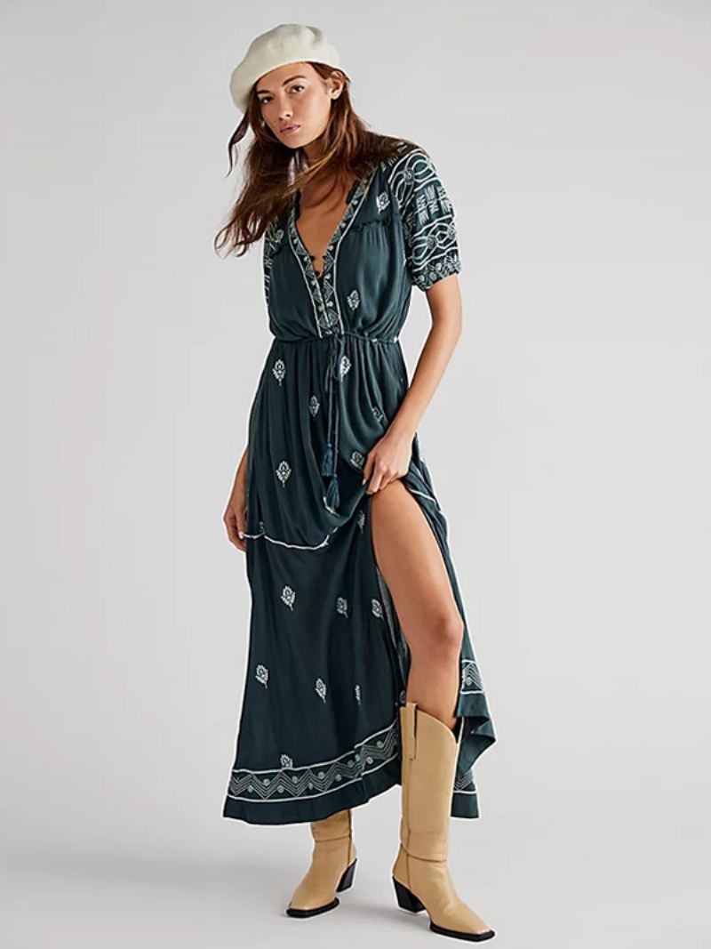 Dames Boho-jurk Geo-bedrukte V-hals Met Riem Split Zomerstrand-maxi-jurken - Donkergroen