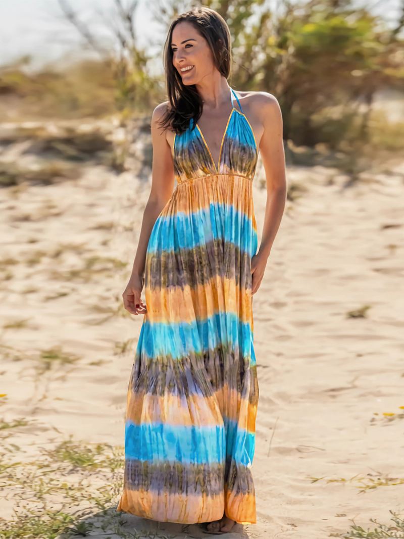 Dames Boho-jurk Halter V-hals Open Rug Casual Resort Zomer Maxi-jurken - Blauw