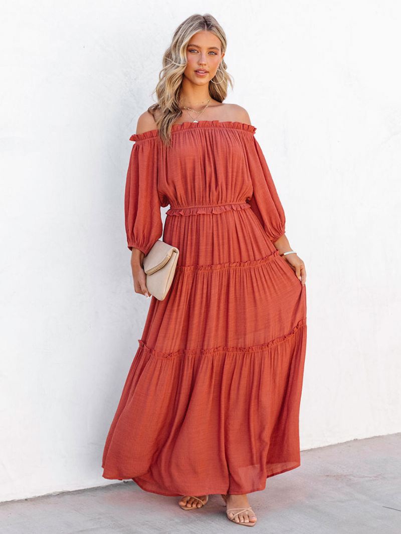 Dames Boho-jurk Met Ruches Off-shoulder Gelaagde Casual Zomer Maxi-jurken