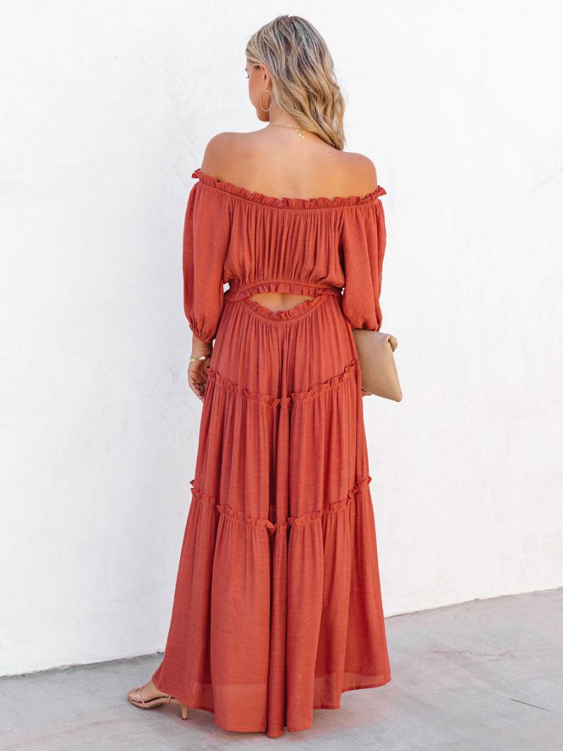 Dames Boho-jurk Met Ruches Off-shoulder Gelaagde Casual Zomer Maxi-jurken - Oranje Rood