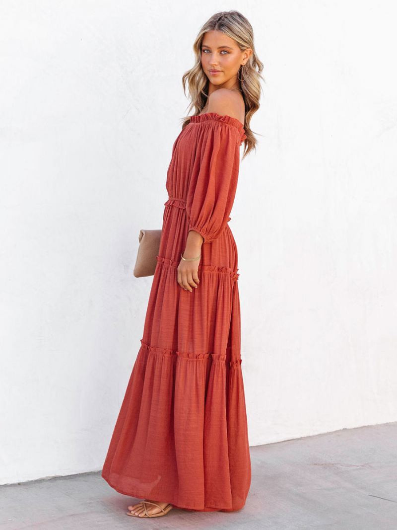 Dames Boho-jurk Met Ruches Off-shoulder Gelaagde Casual Zomer Maxi-jurken - Oranje Rood