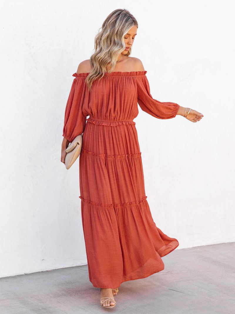 Dames Boho-jurk Met Ruches Off-shoulder Gelaagde Casual Zomer Maxi-jurken - Oranje Rood