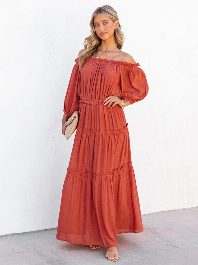 Dames Boho-jurk Met Ruches Off-shoulder Gelaagde Casual Zomer Maxi-jurken - Oranje Rood