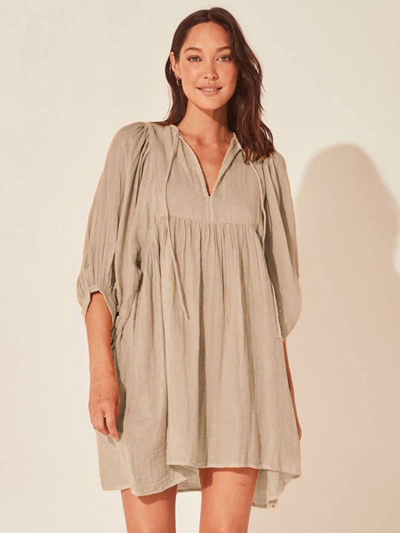 Dames Boho-jurk Met Veters Verfraaide Kraag Halve Mouwen Oversized Zomerjurk - Lichtgeel