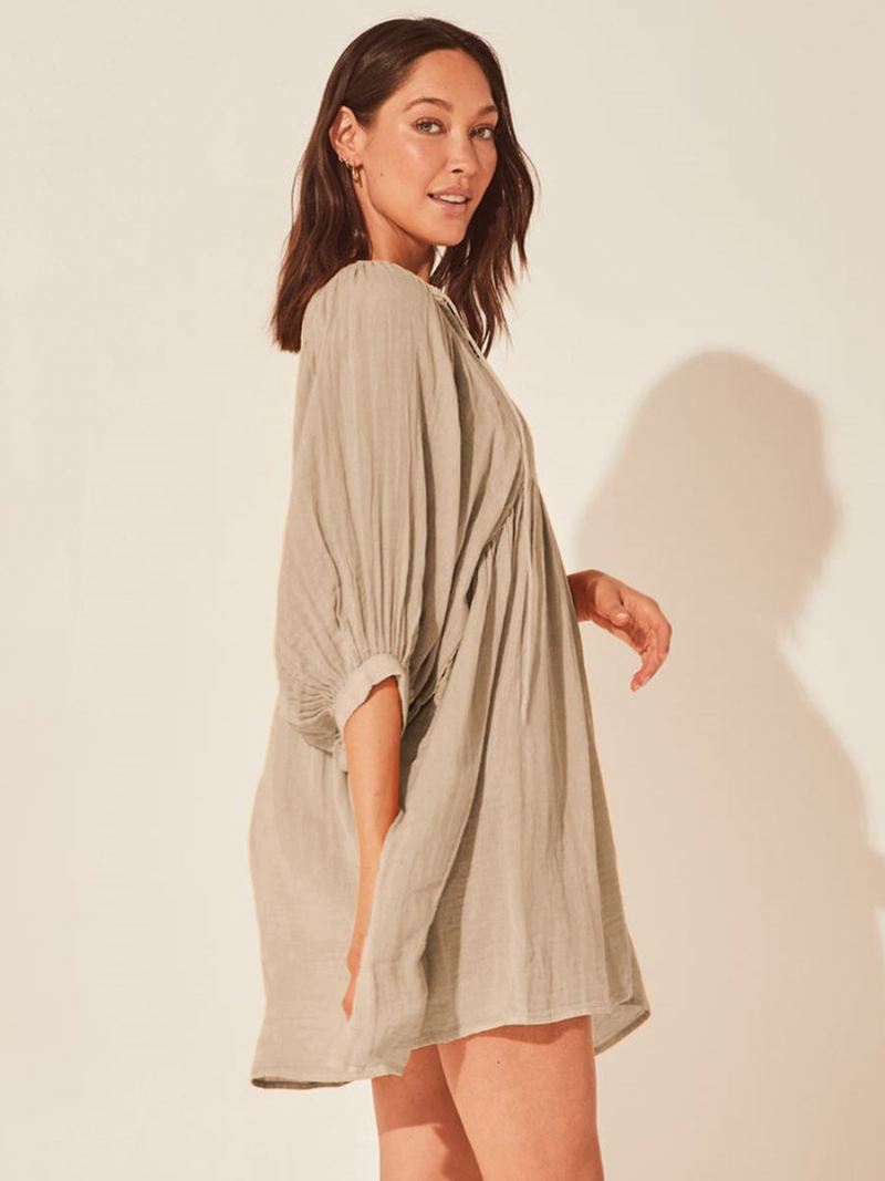 Dames Boho-jurk Met Veters Verfraaide Kraag Halve Mouwen Oversized Zomerjurk - Lichtgeel