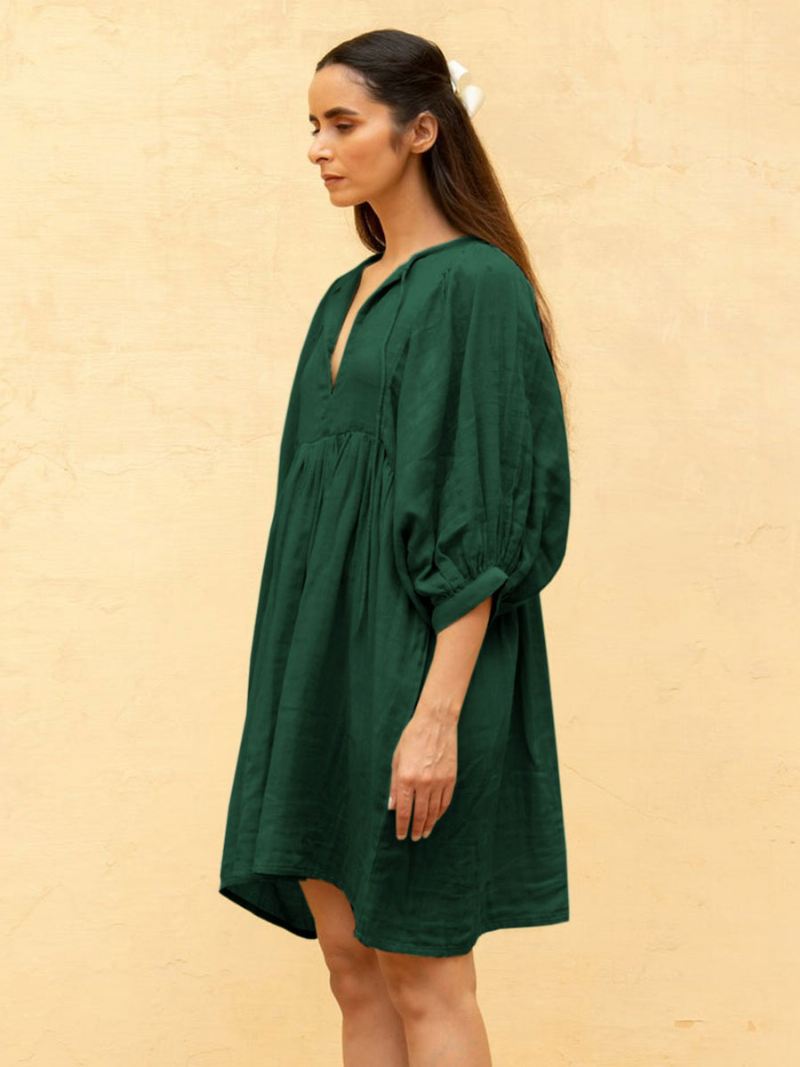 Dames Boho-jurk Met Veters Verfraaide Kraag Halve Mouwen Oversized Zomerjurk - Donkergroen