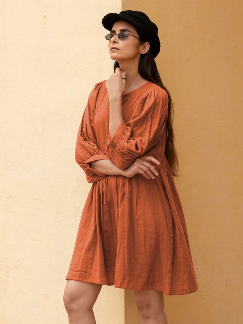 Dames Boho-jurk Met Veters Verfraaide Kraag Halve Mouwen Oversized Zomerjurk - Oranje