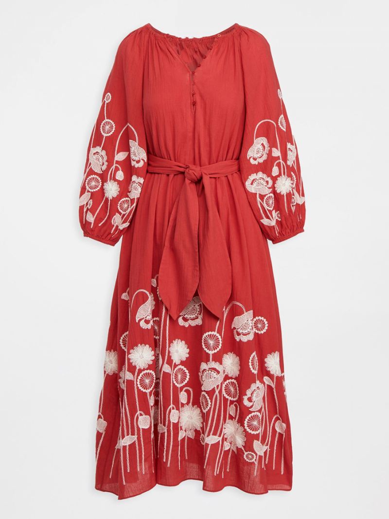 Dames Boho-jurk V-hals 3/4-mouwen Sjerp Zomerjurk - Rood