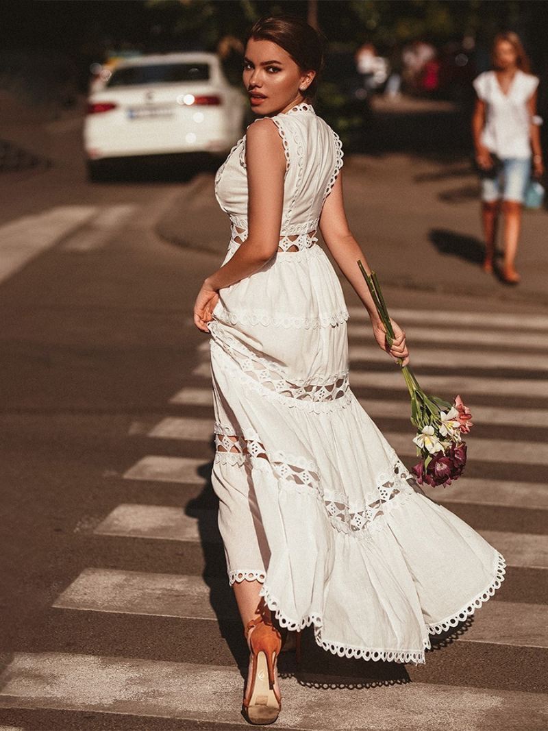 Dames Boho-jurk V-hals Mouwloze Gelaagde Uitgesneden Strandjurk - Wit