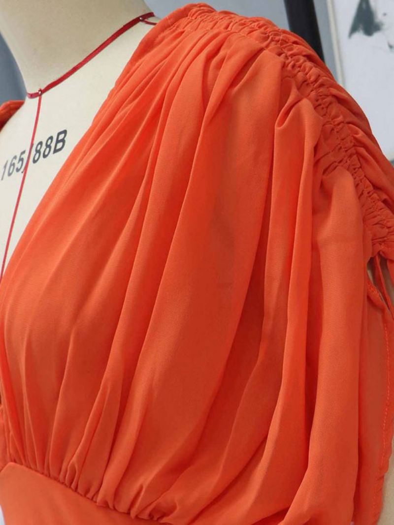 Dames Maxi-jurk Oranje Rood V-hals Korte Mouwen Rugloze Lange Jurk - Oranje