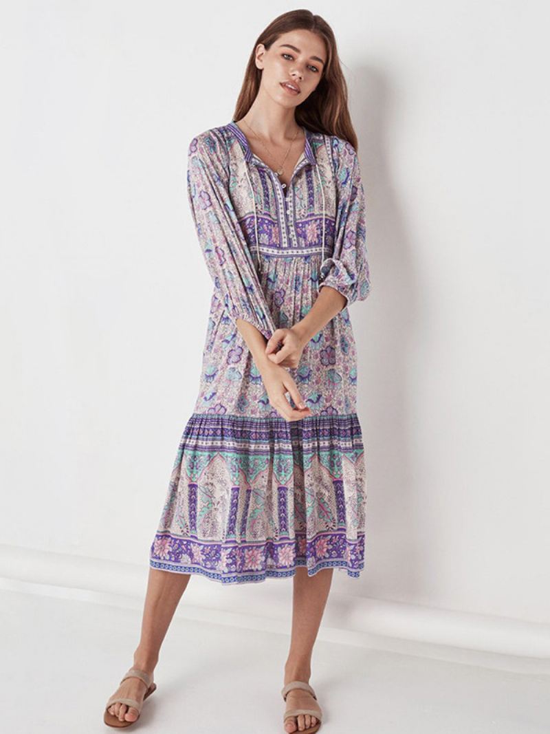 Flowy Jurk Dames V-hals Driekwart Mouwen Boho Midi-jurken