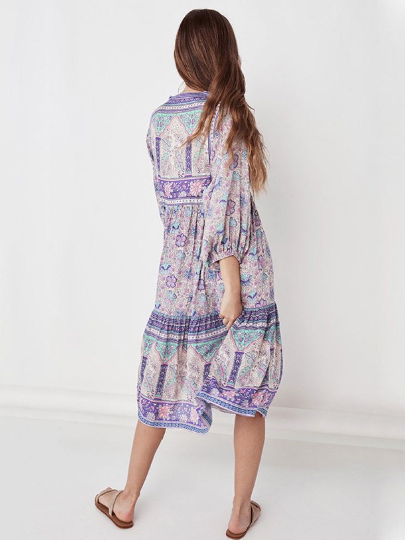 Flowy Jurk Dames V-hals Driekwart Mouwen Boho Midi-jurken - Lavendel