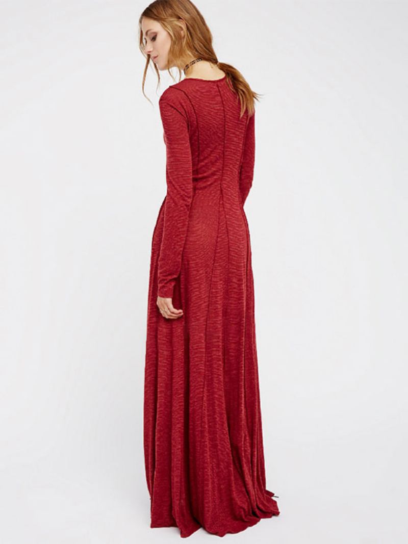 Maxi-jurk Dames V-hals Lange Mouwen Katoen Casual Vloerlengte Jurk - Rood