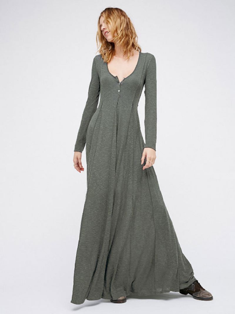 Maxi-jurk Dames V-hals Lange Mouwen Katoen Casual Vloerlengte Jurk - Grijs