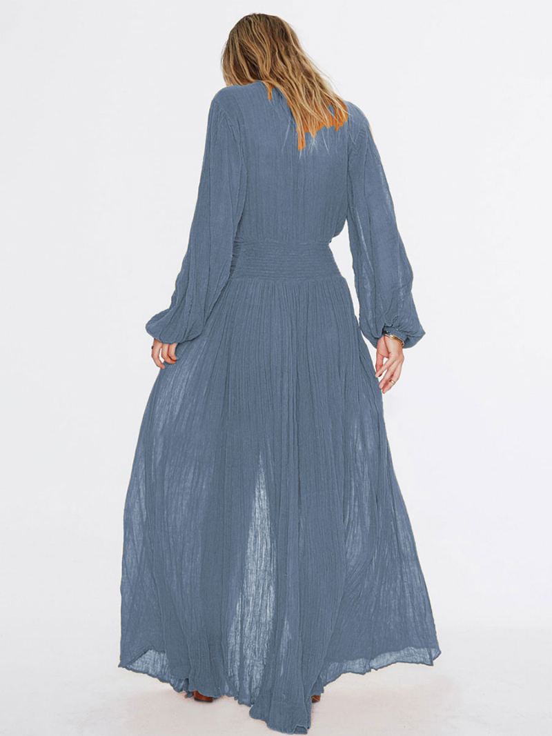 Maxi-jurk Dames V-hals Lange Mouwen Vloerlengte Jurk Met Hoge Split - Blauw