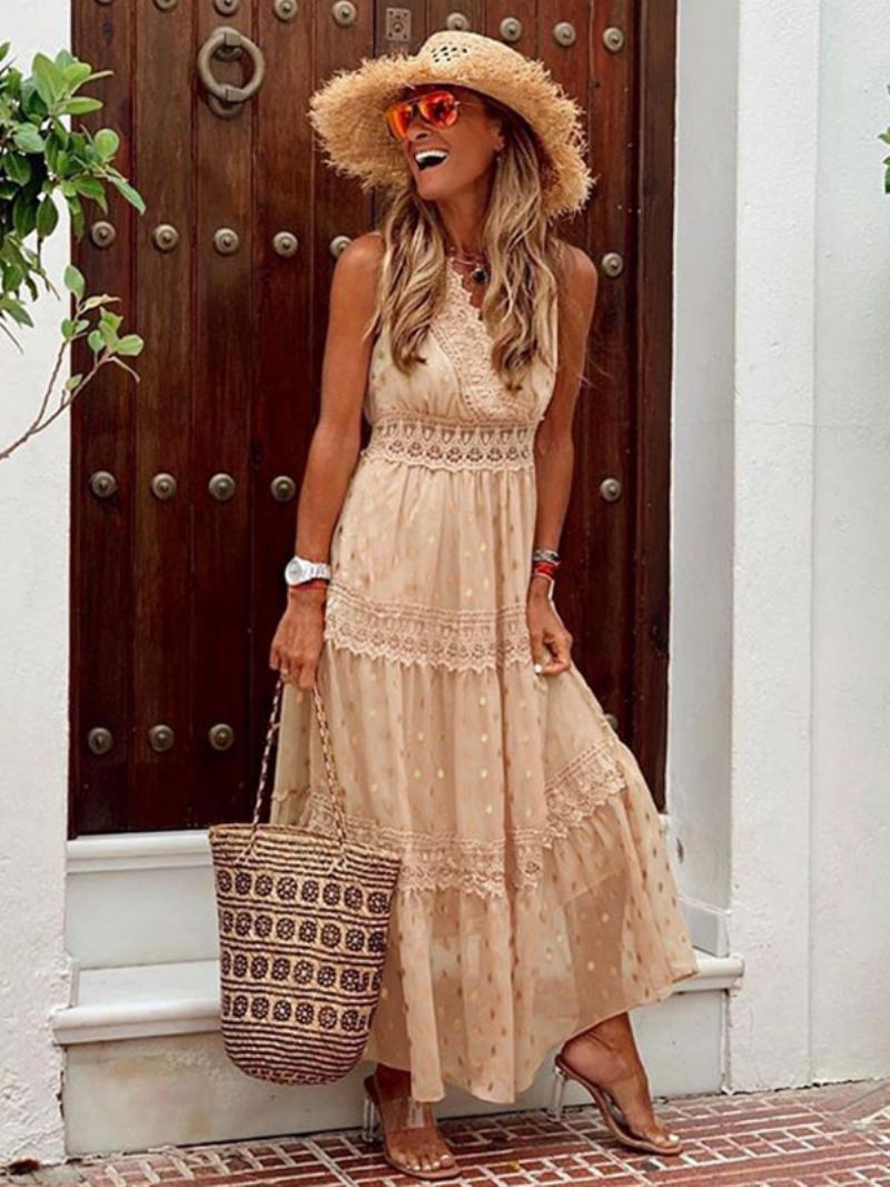 Maxi-jurken Dames Abrikoos Mouwloos V-hals Vloerlengte Zomerjurk Boho-jurk - Lichtgeel