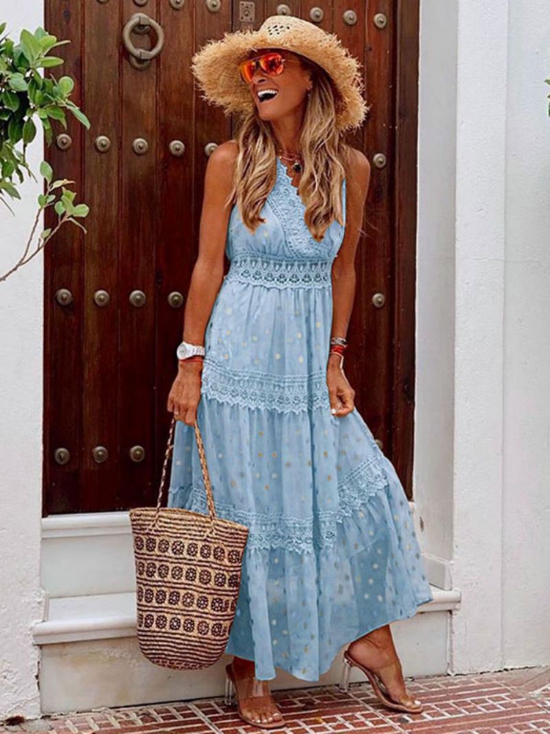 Maxi-jurken Dames Abrikoos Mouwloos V-hals Vloerlengte Zomerjurk Boho-jurk - Licht Hemelsblauw