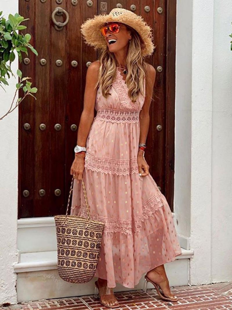 Maxi-jurken Dames Abrikoos Mouwloos V-hals Vloerlengte Zomerjurk Boho-jurk - Roze